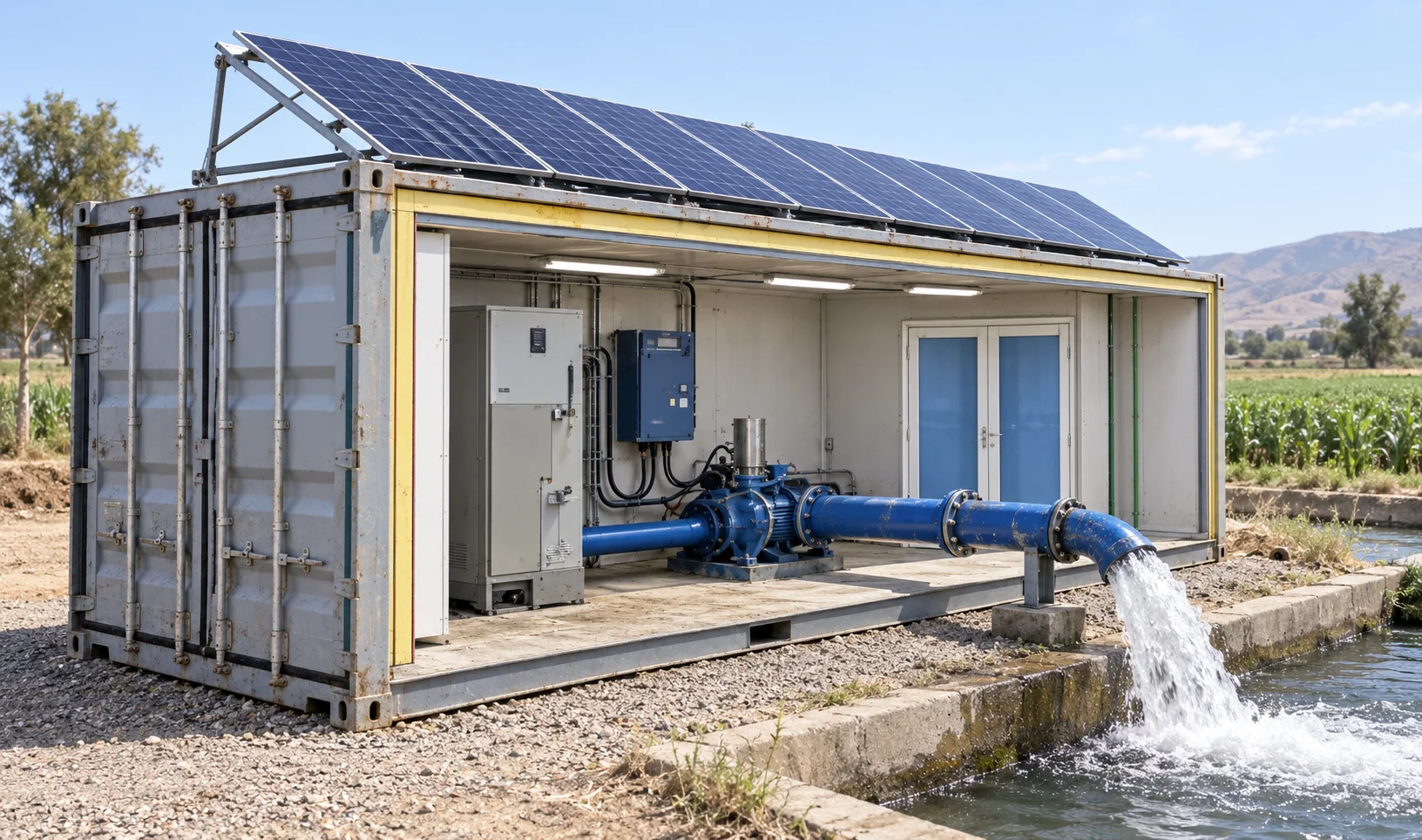 KAU container with solar panels on the roof and the water pump discharging into an irrigation channel