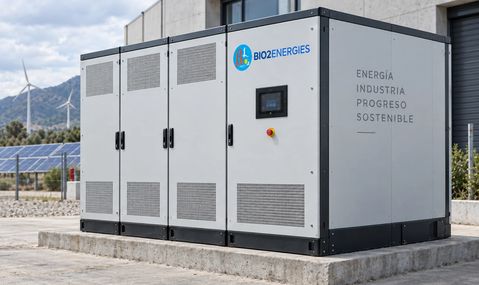 BIO2ENERGIES GIGA on its slab next to an industrial building, with solar panels and wind turbines in the background