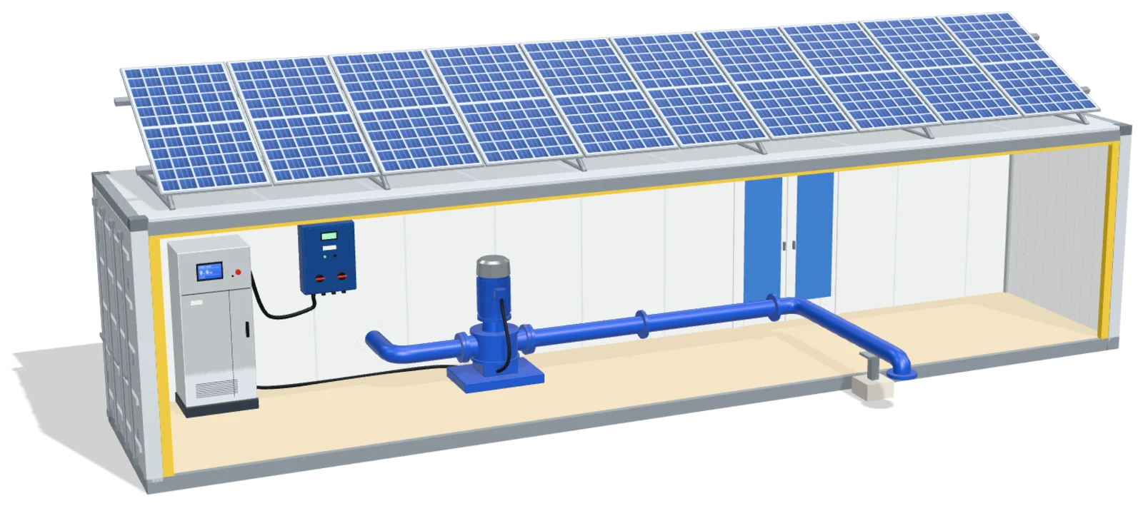 Container KAU montato con pannelli solari, inverter di pompaggio, quadro di protezione e pompa dell'acqua