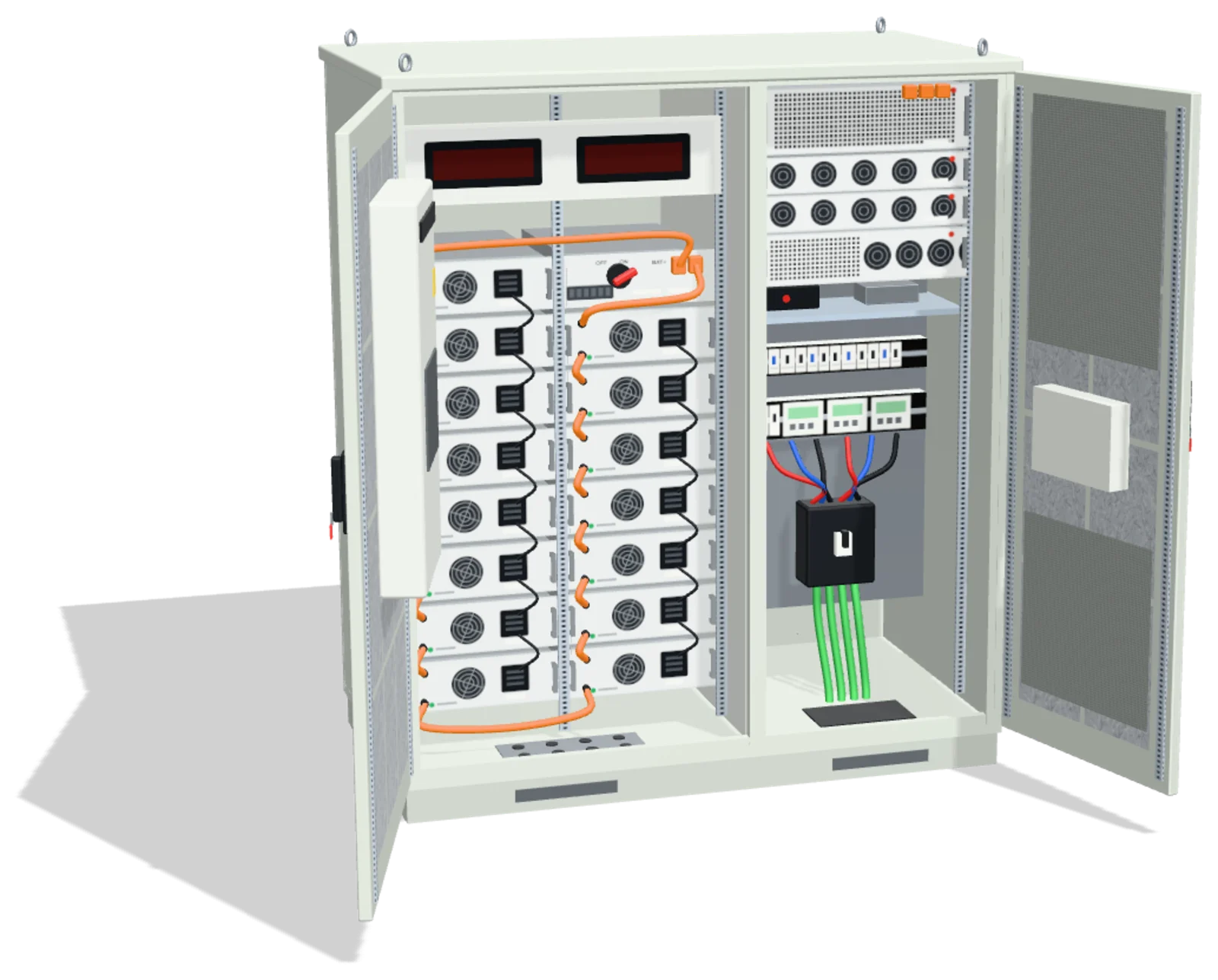 GIGA aperto: moduli batteria su due colonne collegati da cavi arancioni, convertitore, STS, controllo e protezioni